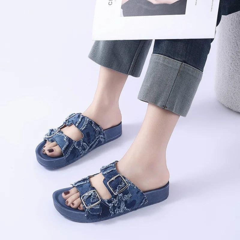 New Styles Buckle Denim Beach Summer Thick Casual High Quality Sandales Pour Femmes Ladies Slides Slippers Flat Women Sandals
