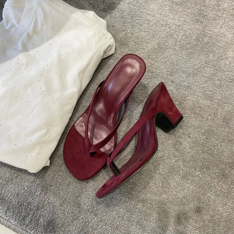 Wholesale Custom Logo Fashion Square Toe Flip Flops Chunky Heel Thong Slippers Shoes Slip on Women High Heel Sandals