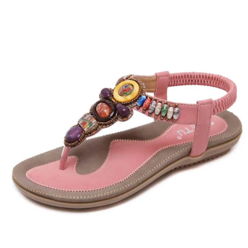 Summer 2024 Ethnic Style Sandals Women's Tourism Beach Bohemian Style Retro Beaded Herringbone Sandals