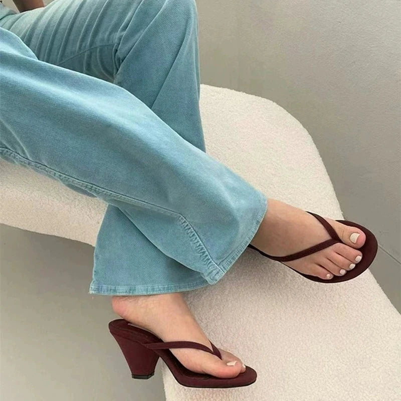 Wholesale Custom Logo Fashion Square Toe Flip Flops Chunky Heel Thong Slippers Shoes Slip on Women High Heel Sandals