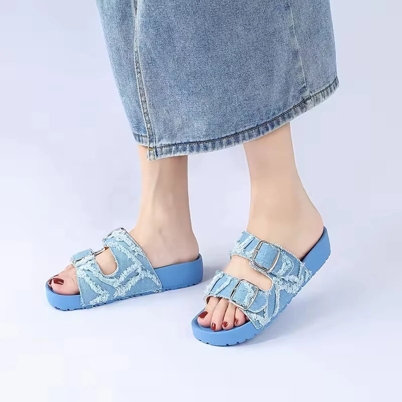 New Styles Buckle Denim Beach Summer Thick Casual High Quality Sandales Pour Femmes Ladies Slides Slippers Flat Women Sandals