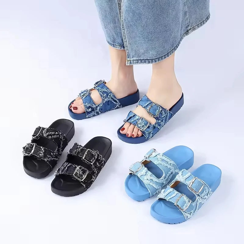 New Styles Buckle Denim Beach Summer Thick Casual High Quality Sandales Pour Femmes Ladies Slides Slippers Flat Women Sandals