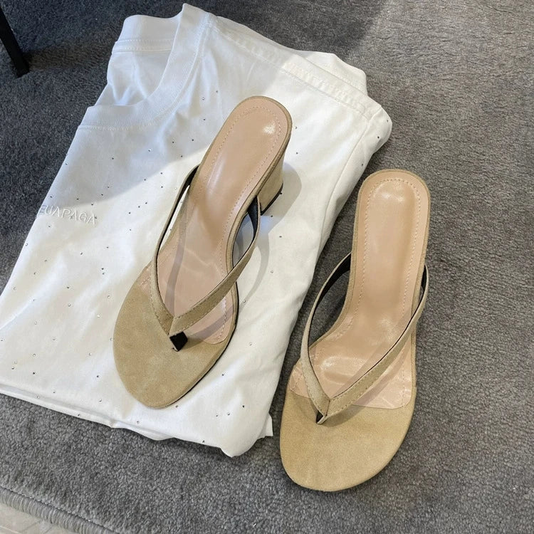 Wholesale Custom Logo Fashion Square Toe Flip Flops Chunky Heel Thong Slippers Shoes Slip on Women High Heel Sandals