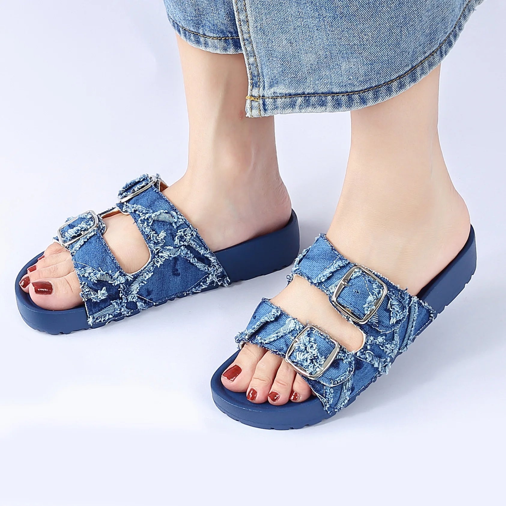 New Styles Buckle Denim Beach Summer Thick Casual High Quality Sandales Pour Femmes Ladies Slides Slippers Flat Women Sandals