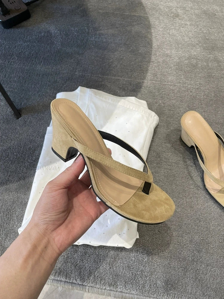 Wholesale Custom Logo Fashion Square Toe Flip Flops Chunky Heel Thong Slippers Shoes Slip on Women High Heel Sandals