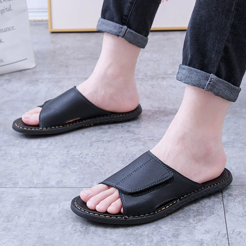 New Men's Outdoor Slides – Handcrafted Genuine Leather Single-Strap Sandals | Flat Footwear | Breathable, Non-Slip Casual Summer Shoes for Men
