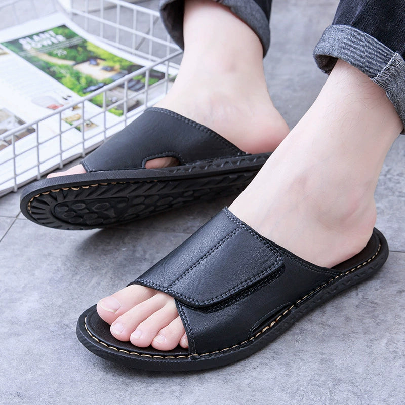 New Men's Outdoor Slides – Handcrafted Genuine Leather Single-Strap Sandals | Flat Footwear | Breathable, Non-Slip Casual Summer Shoes for Men