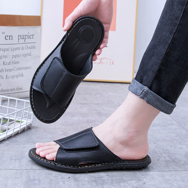 New Men's Outdoor Slides – Handcrafted Genuine Leather Single-Strap Sandals | Flat Footwear | Breathable, Non-Slip Casual Summer Shoes for Men