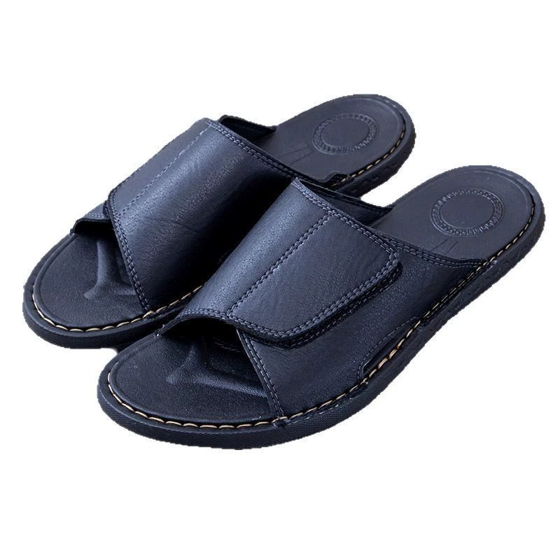 New Men's Outdoor Slides – Handcrafted Genuine Leather Single-Strap Sandals | Flat Footwear | Breathable, Non-Slip Casual Summer Shoes for Men