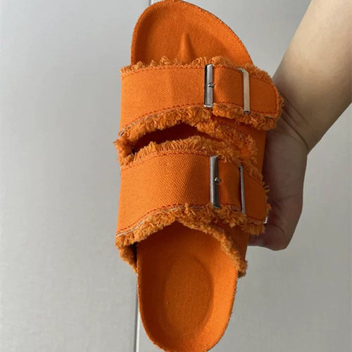 Exclusive Summer New Arrival: Euro-American Casual Style—Solid-Color Canvas Flat Slides with Double Straps and Buckle Detail