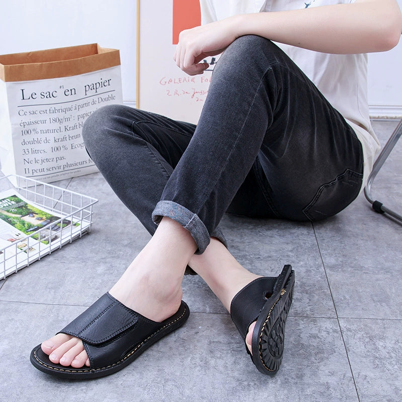 New Men's Outdoor Slides – Handcrafted Genuine Leather Single-Strap Sandals | Flat Footwear | Breathable, Non-Slip Casual Summer Shoes for Men